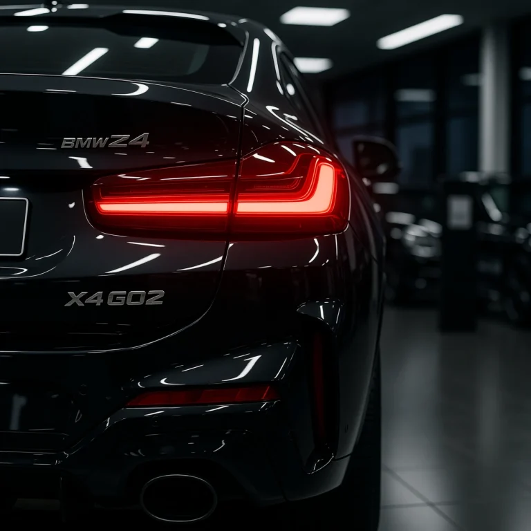 تصویر چراغ خطر عقب BMW X4 مدل G02 نصب شده روی خودرو در نور استودیو، کیفیت اورجینال (OEM) با لوگوی X4 G02 روی در عقب، عرضه شده توسط فروشگاه BMW نوروزی