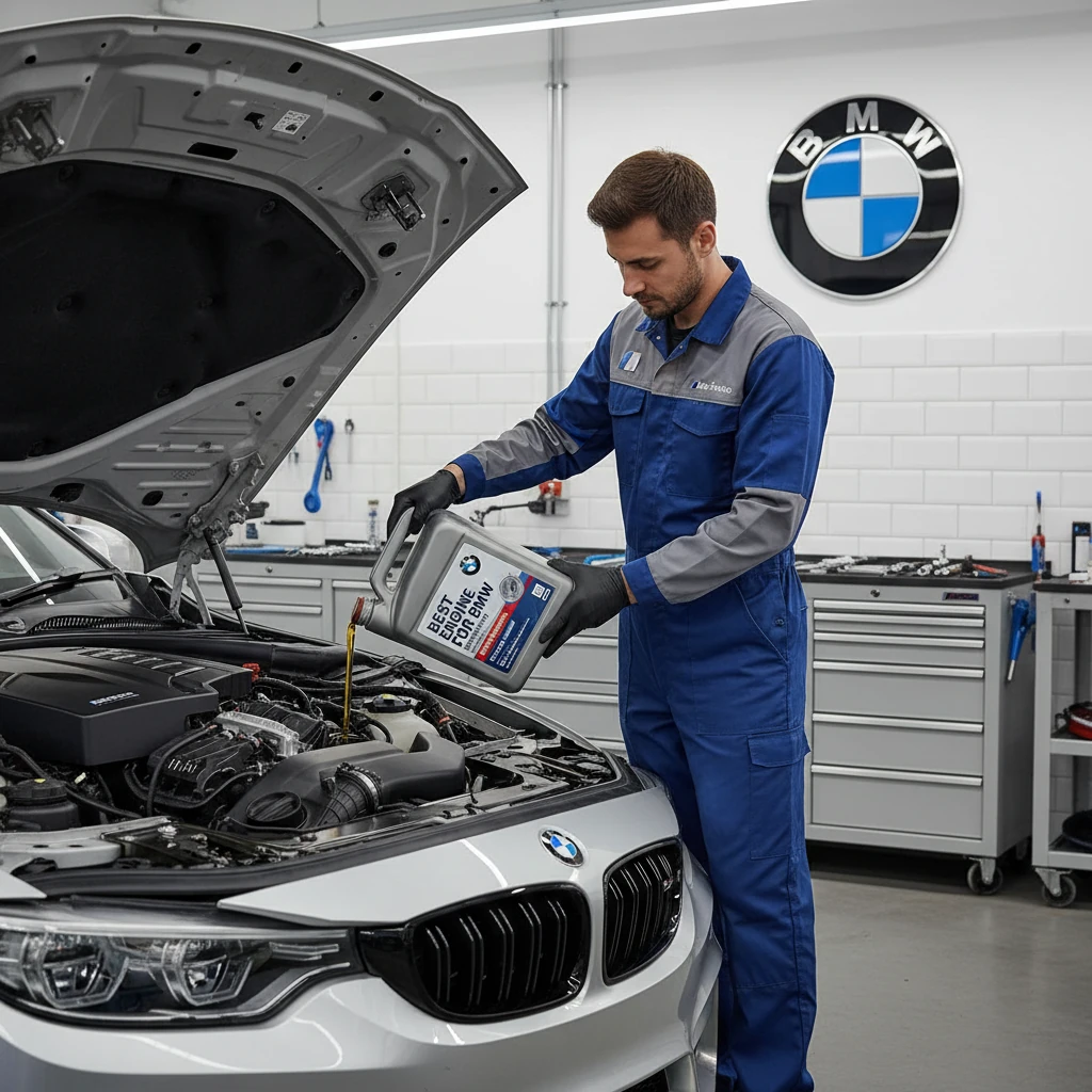 مکانیک در حال ریختن روغن موتور داخل موتور بی ام و BMW – نشان‌دهنده سرویس دوره‌ای خودرو و انتخاب روغن استاندارد LL‑01 و LL‑04
